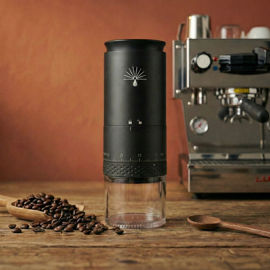 The Bywaqa electric burr coffee grinder beside whole coffee beans on a wooden board, with an espresso machine in the background